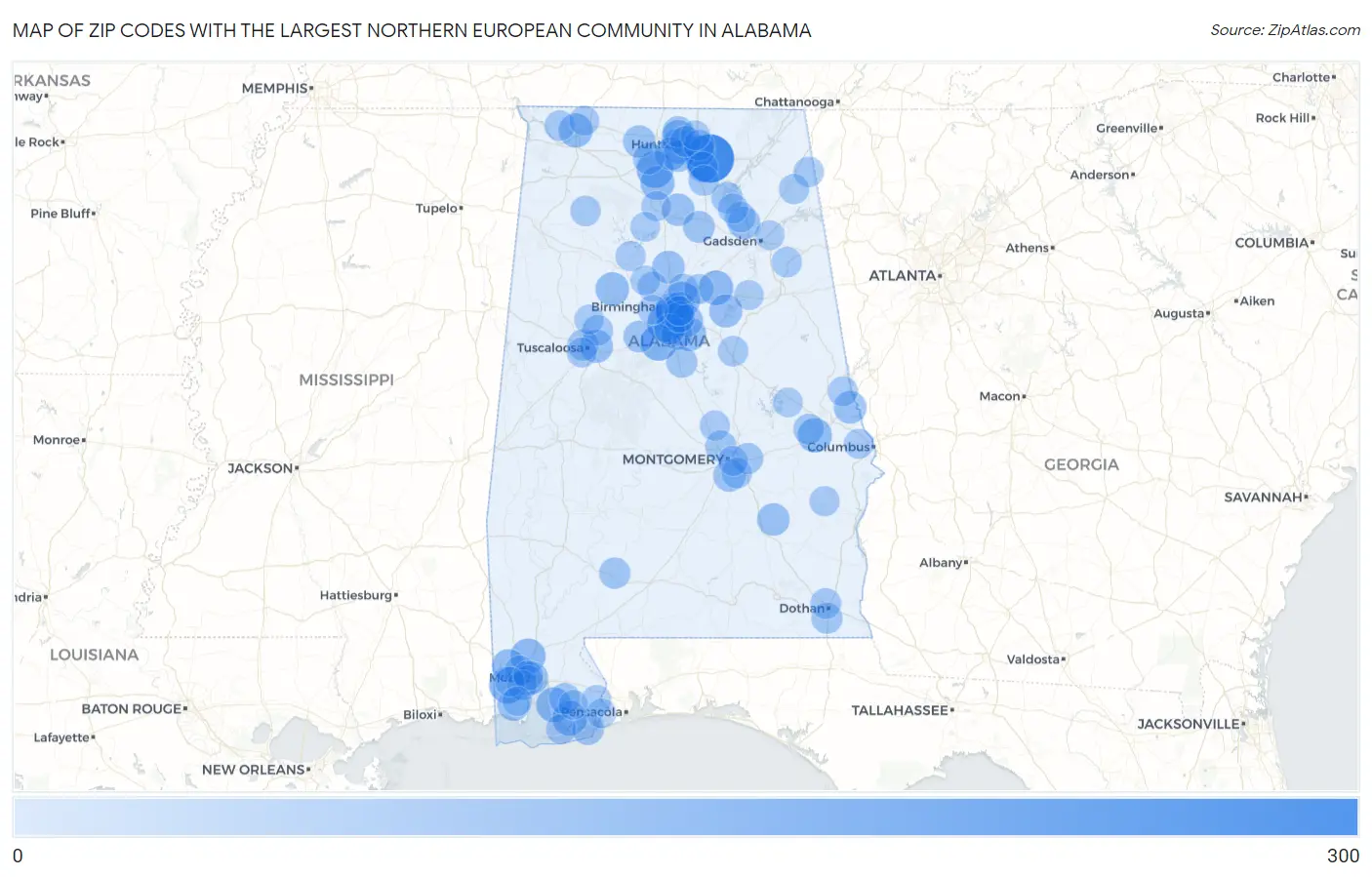 Zip Codes with the Largest Northern European Community in Alabama Map