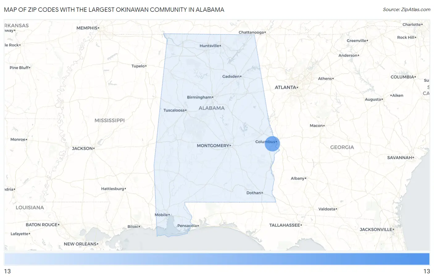 Zip Codes with the Largest Okinawan Community in Alabama Map