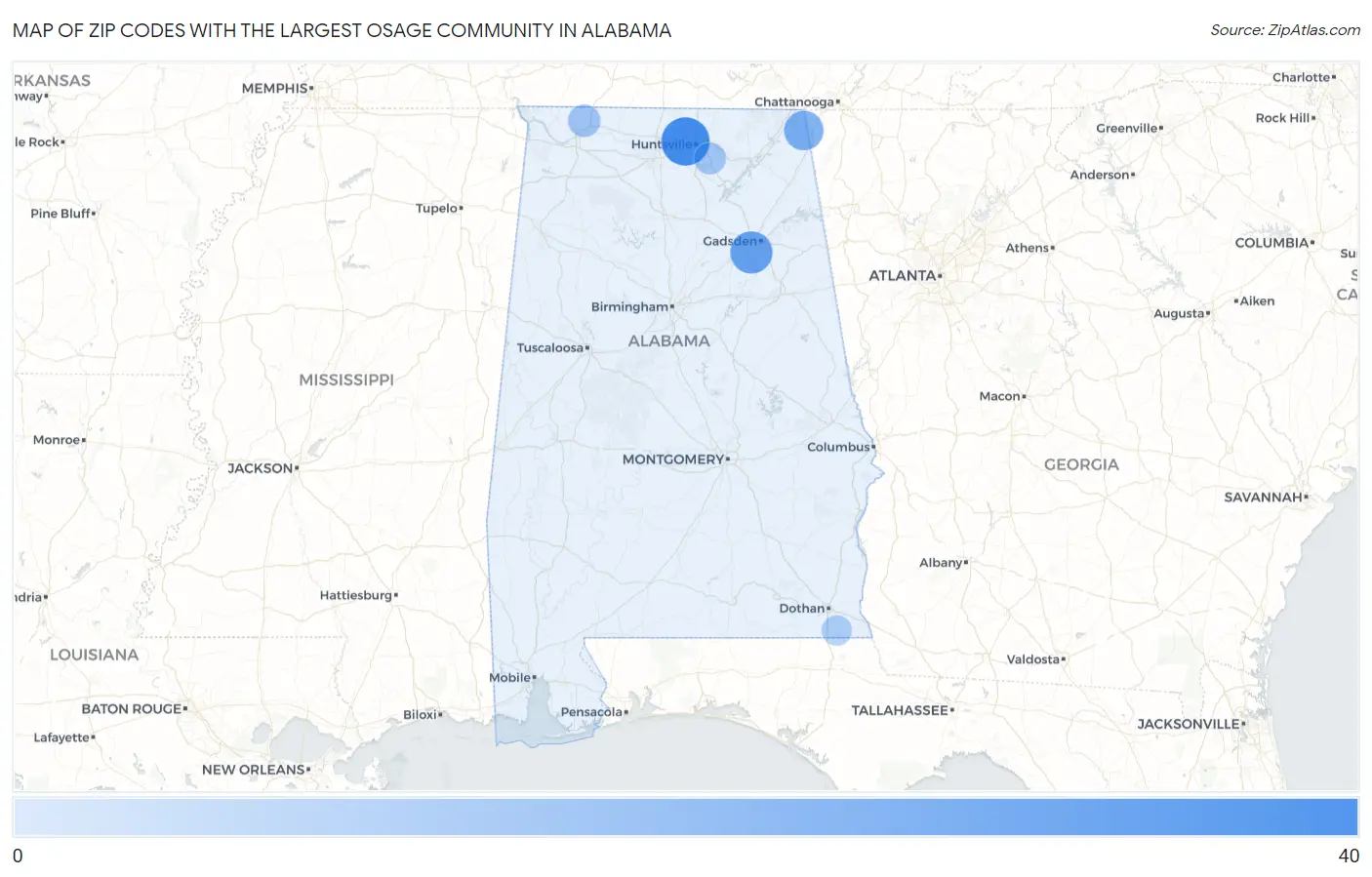 Zip Codes with the Largest Osage Community in Alabama Map