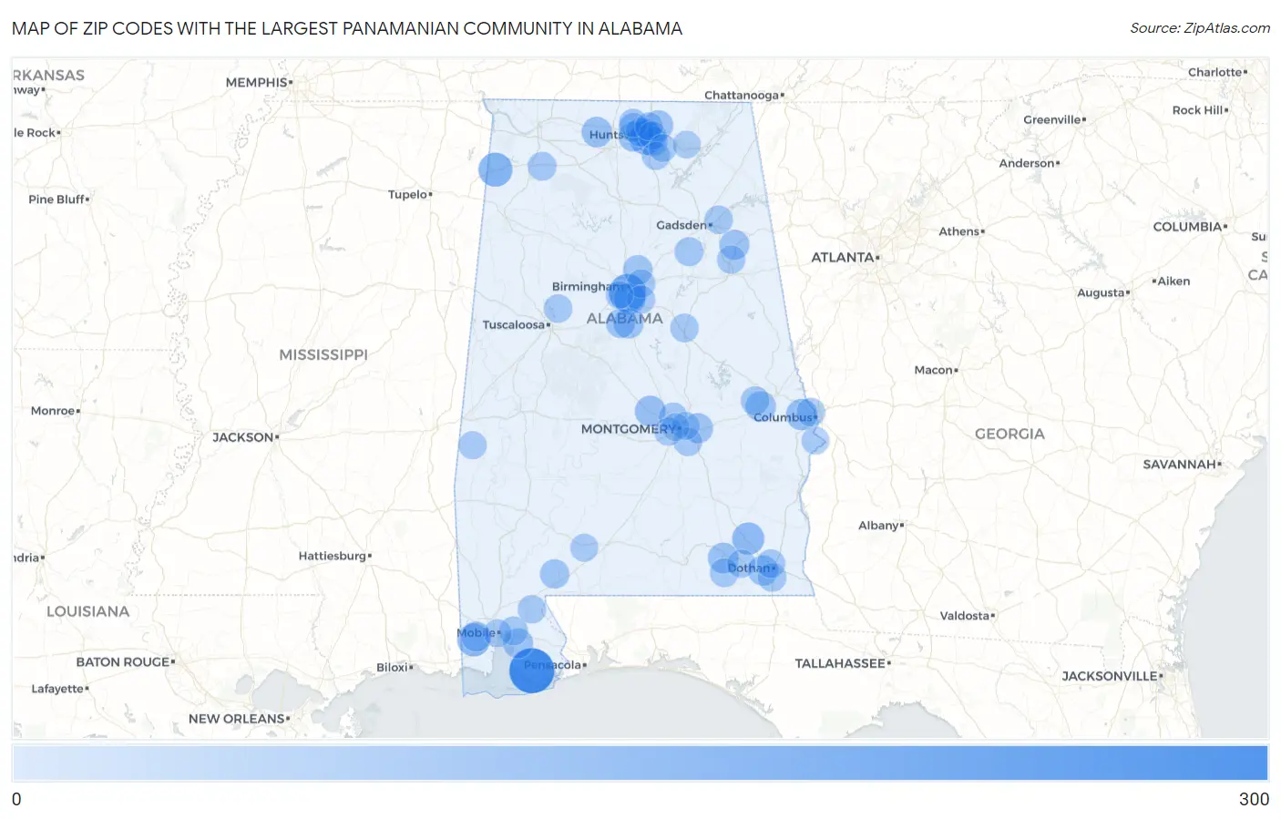 Zip Codes with the Largest Panamanian Community in Alabama Map