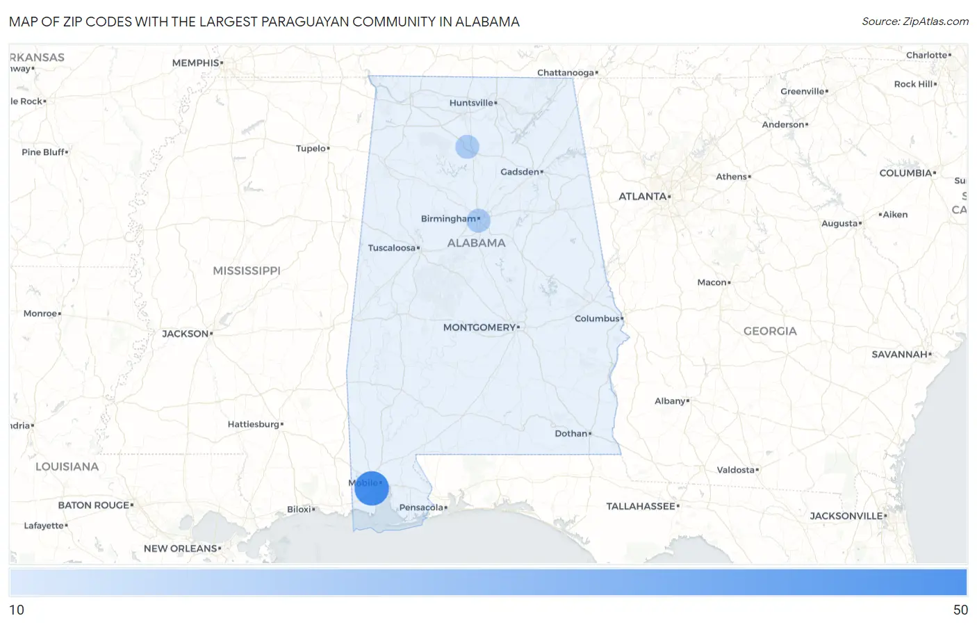 Zip Codes with the Largest Paraguayan Community in Alabama Map