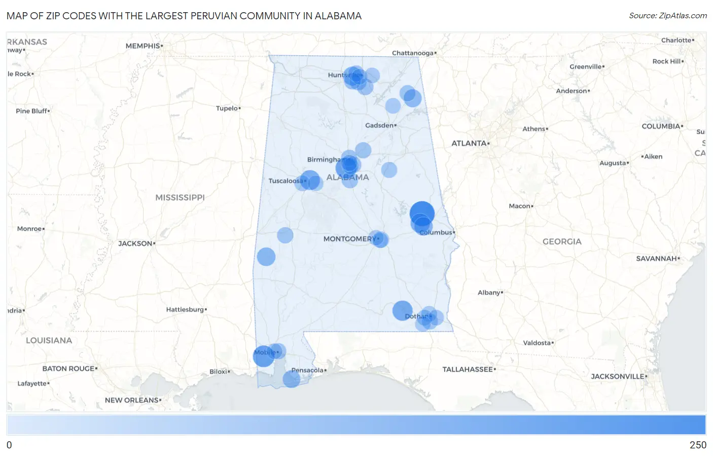 Zip Codes with the Largest Peruvian Community in Alabama Map