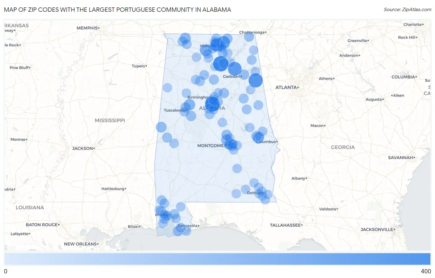 Zip Codes with the Largest Portuguese Community in Alabama Map