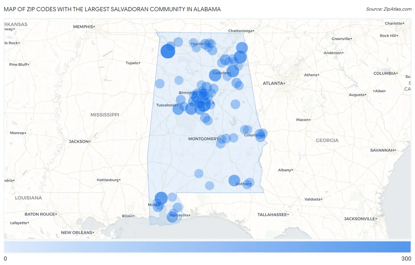 Zip Codes with the Largest Salvadoran Community in Alabama Map
