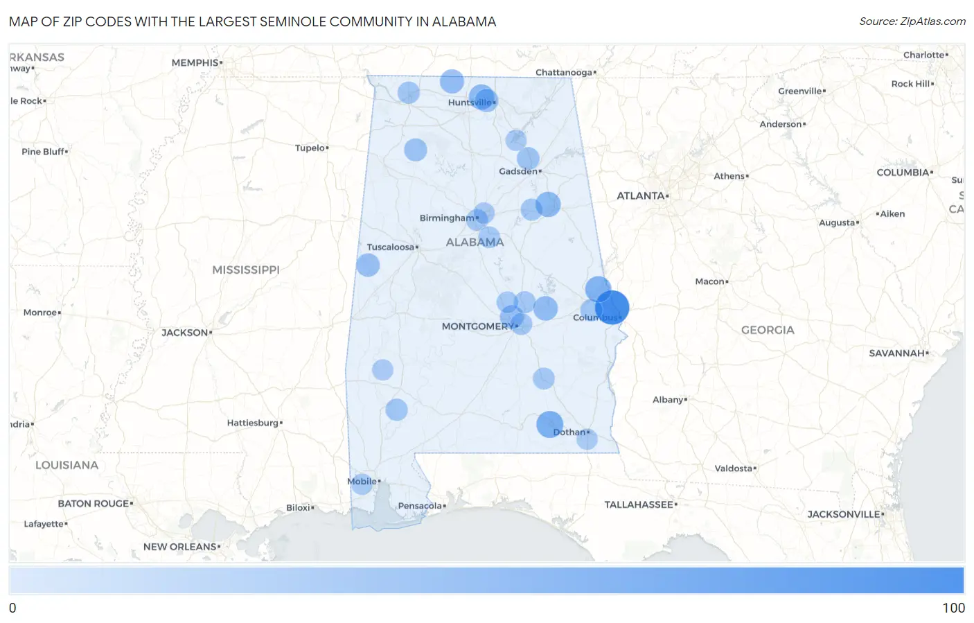 Zip Codes with the Largest Seminole Community in Alabama Map