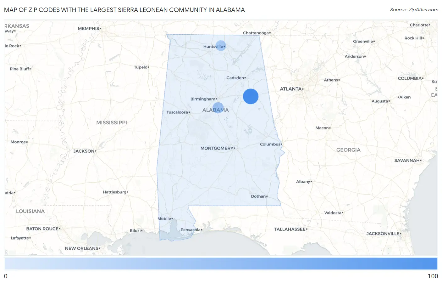Zip Codes with the Largest Sierra Leonean Community in Alabama Map