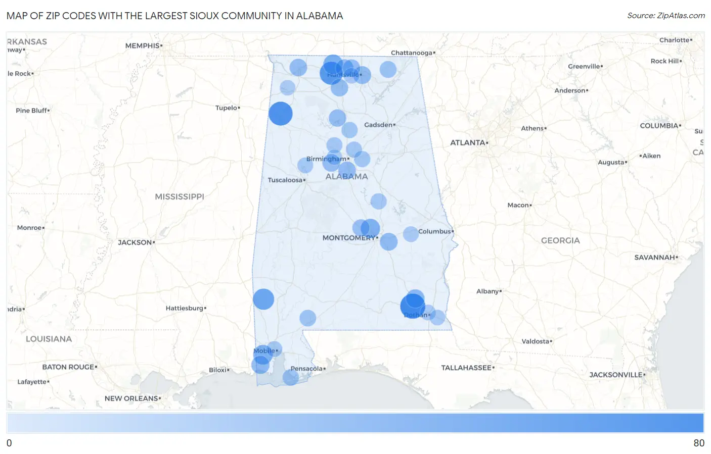 Zip Codes with the Largest Sioux Community in Alabama Map
