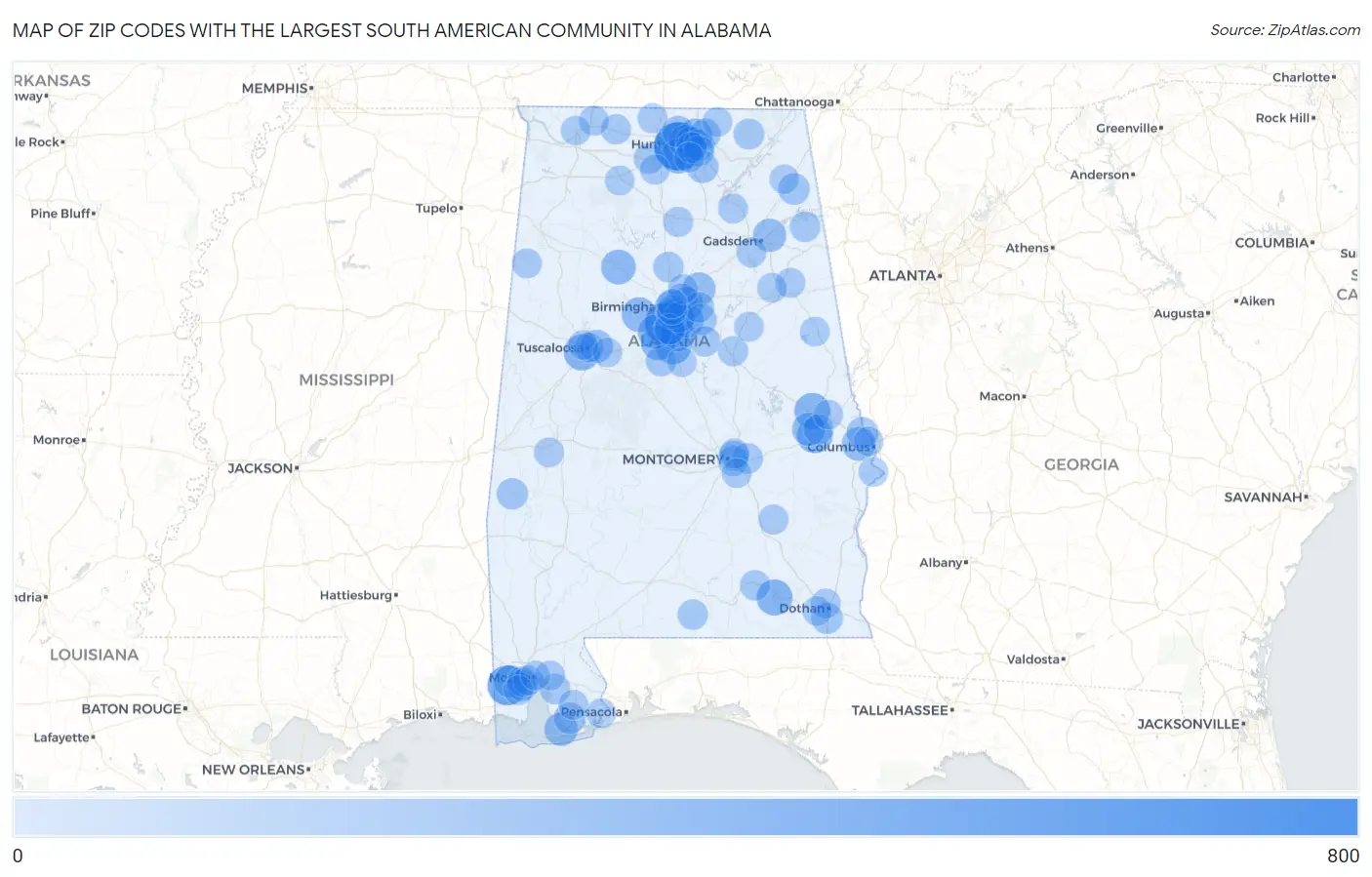 Zip Codes with the Largest South American Community in Alabama Map