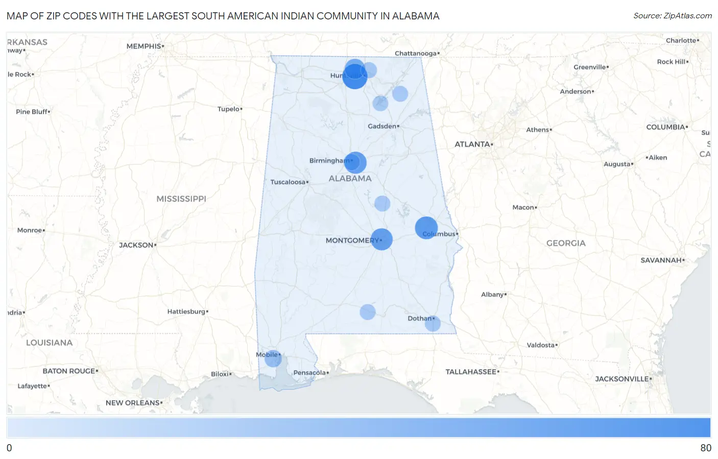 Zip Codes with the Largest South American Indian Community in Alabama Map