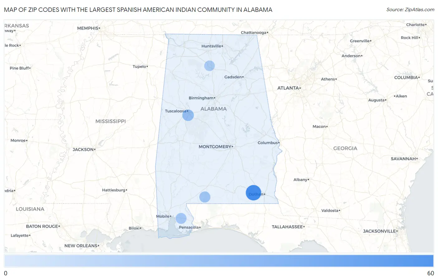 Zip Codes with the Largest Spanish American Indian Community in Alabama Map