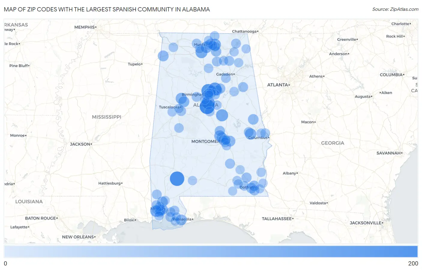 Zip Codes with the Largest Spanish Community in Alabama Map