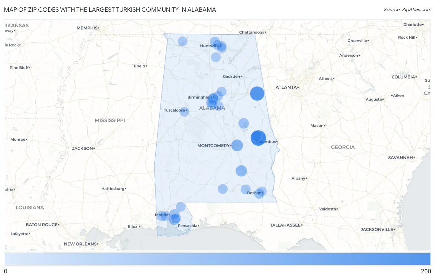 Zip Codes with the Largest Turkish Community in Alabama Map