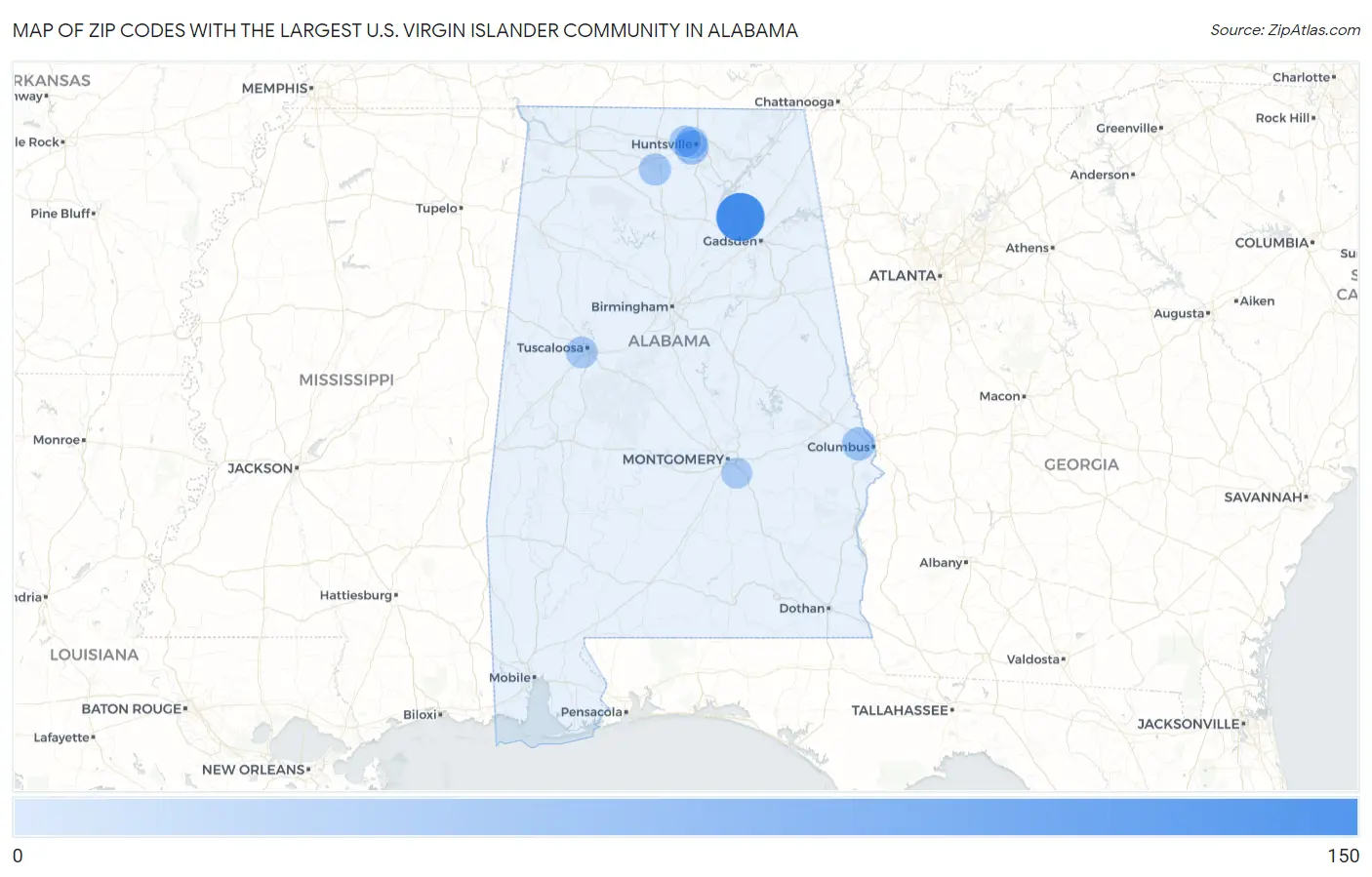 Zip Codes with the Largest U.S. Virgin Islander Community in Alabama Map