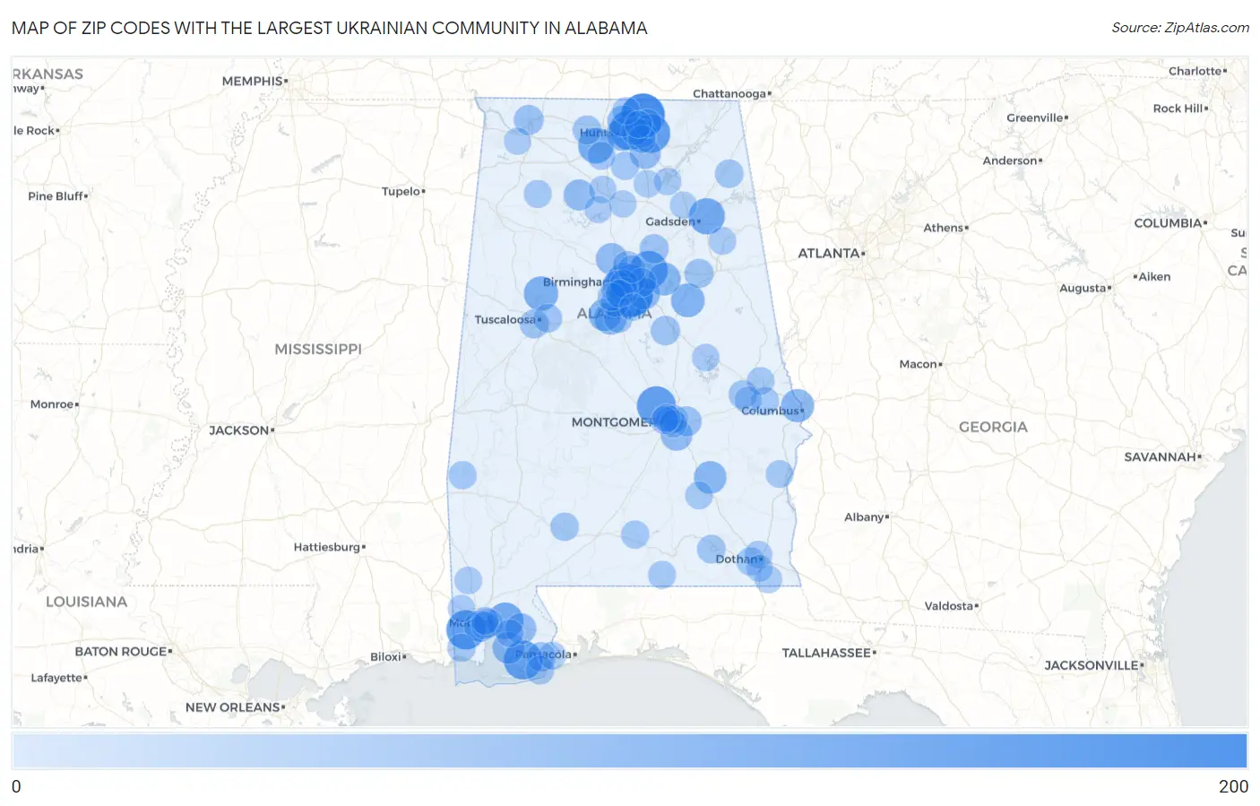 Zip Codes with the Largest Ukrainian Community in Alabama Map