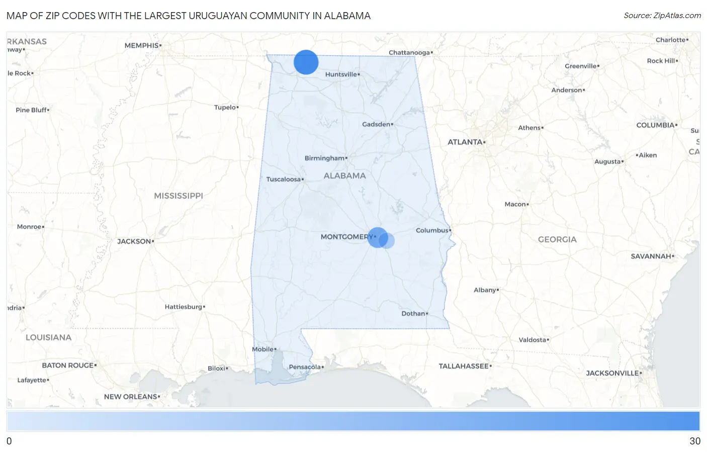 Zip Codes with the Largest Uruguayan Community in Alabama Map