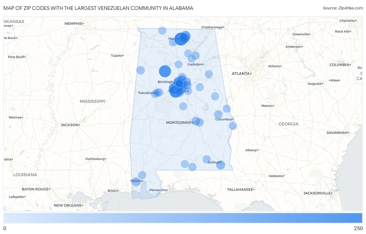 Zip Codes with the Largest Venezuelan Community in Alabama Map
