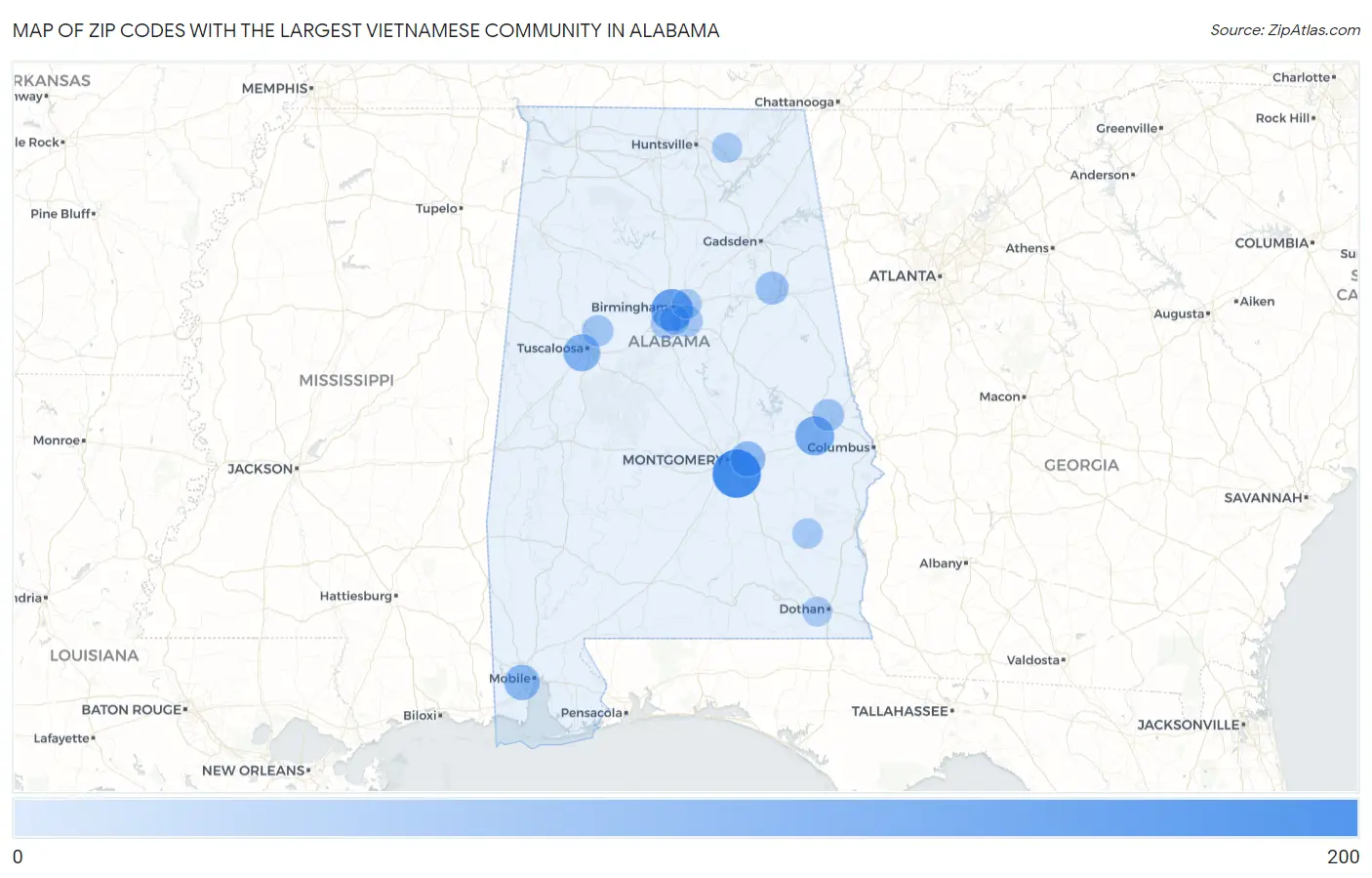 Zip Codes with the Largest Vietnamese Community in Alabama Map