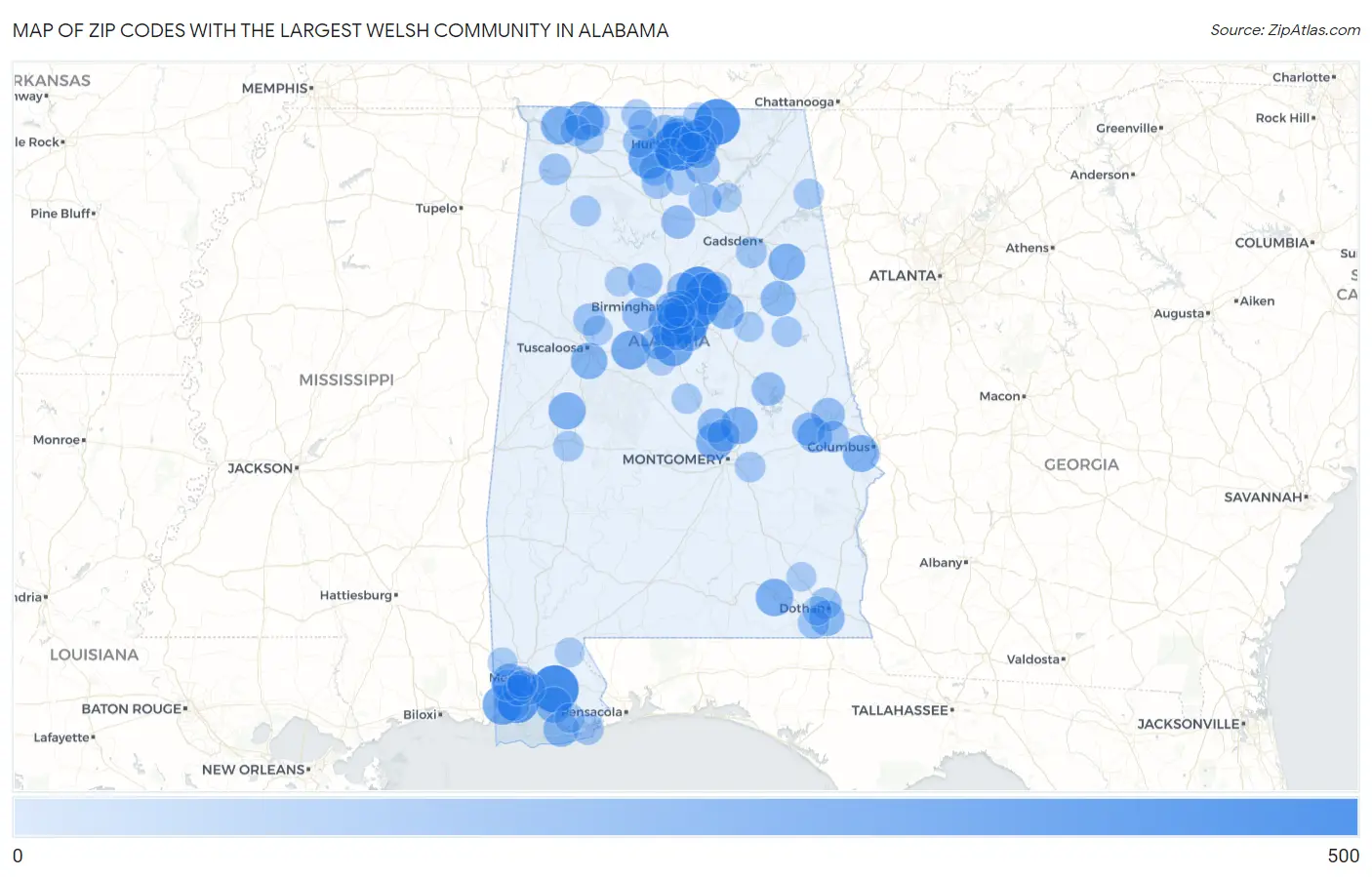 Zip Codes with the Largest Welsh Community in Alabama Map