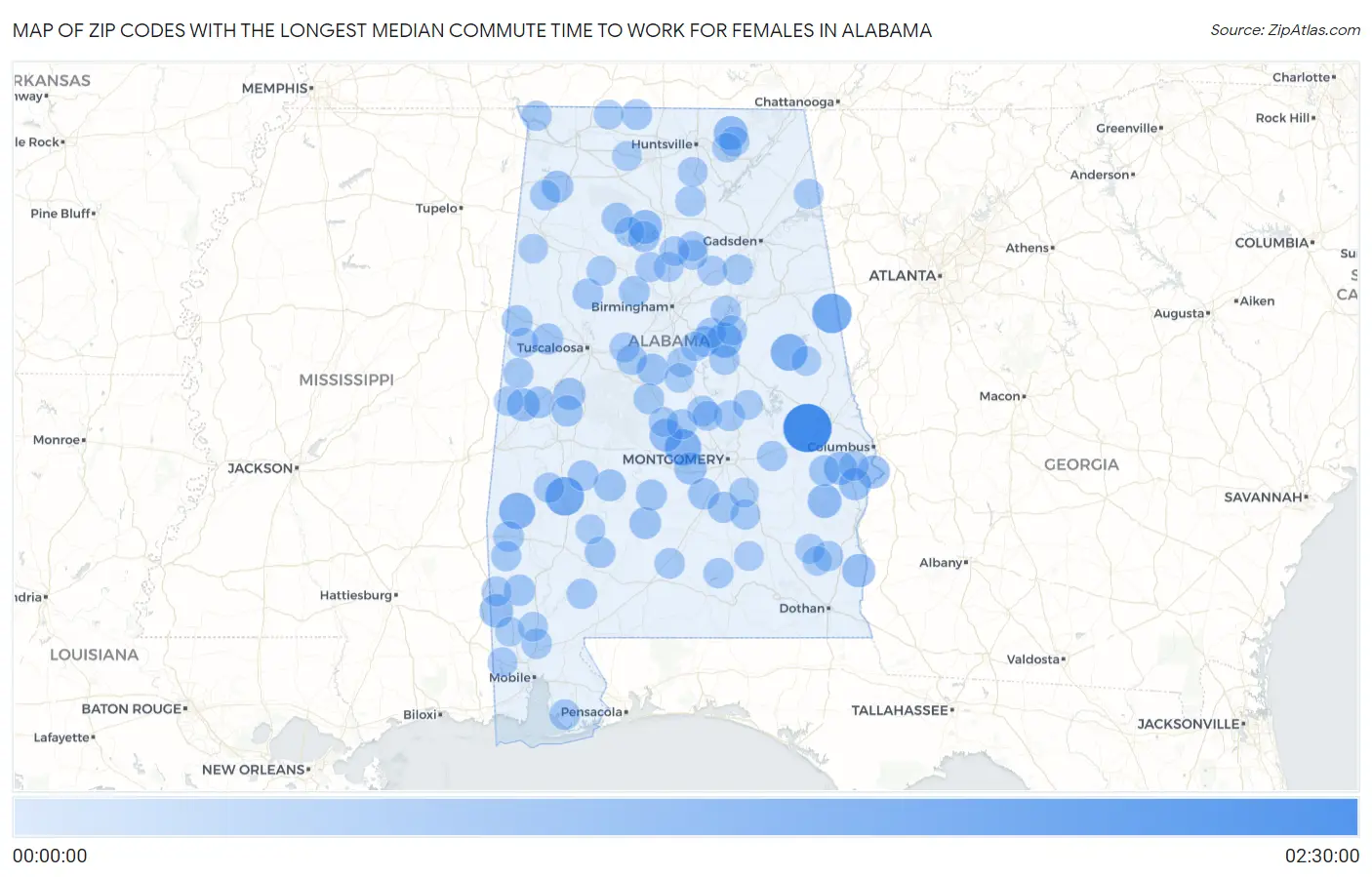Zip Codes with the Longest Median Commute Time to Work for Females in Alabama Map