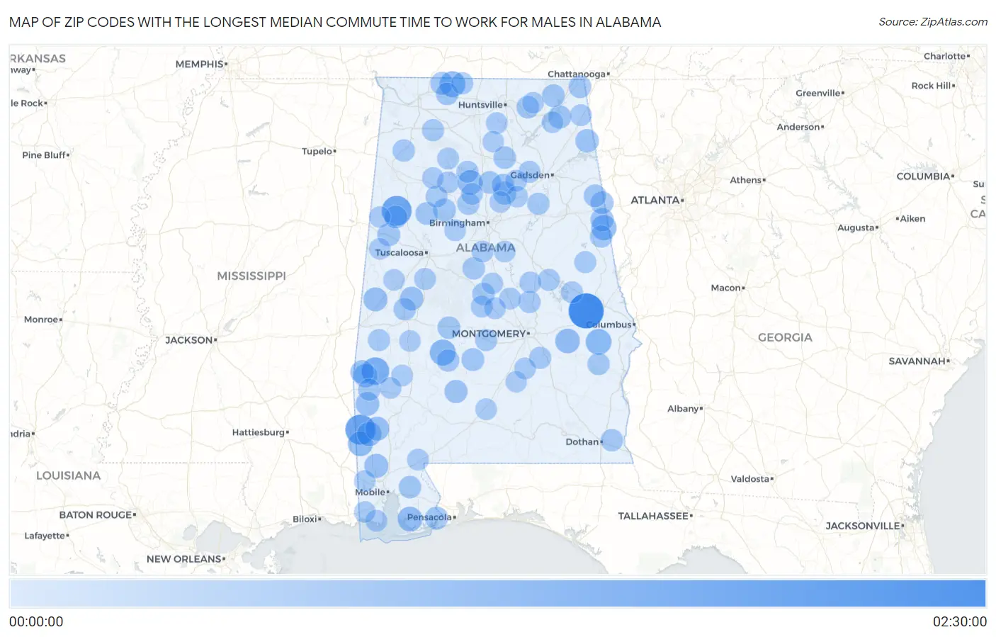 Zip Codes with the Longest Median Commute Time to Work for Males in Alabama Map