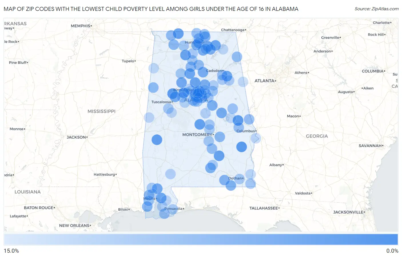 Zip Codes with the Lowest Child Poverty Level Among Girls Under the Age of 16 in Alabama Map
