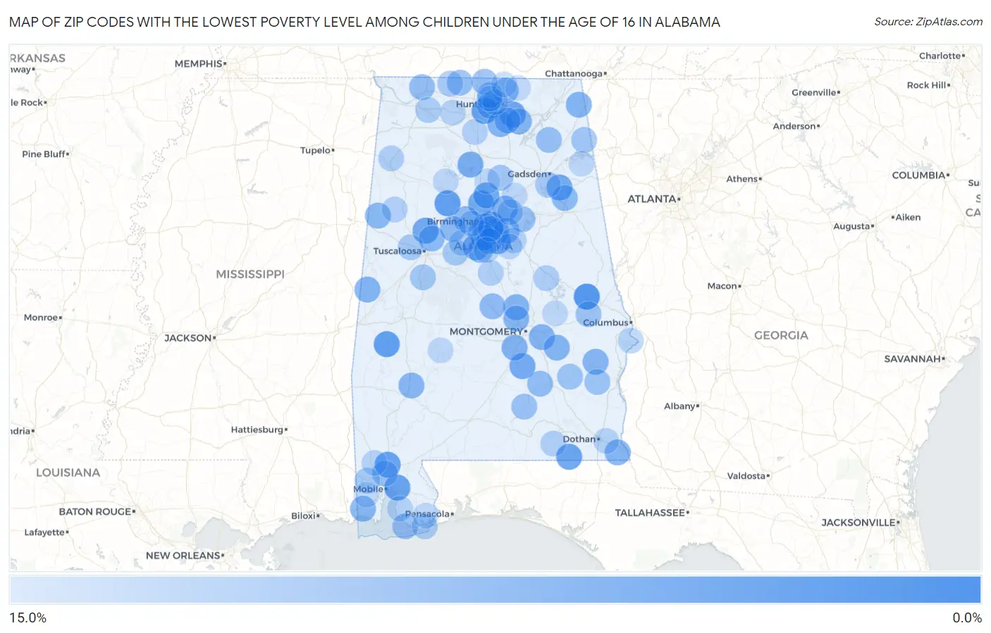 Zip Codes with the Lowest Poverty Level Among Children Under the Age of 16 in Alabama Map