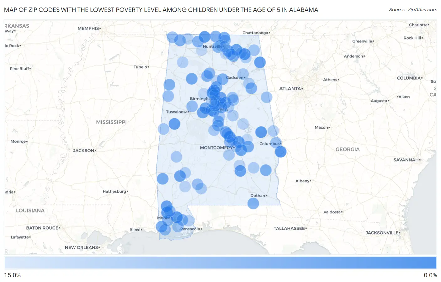 Zip Codes with the Lowest Poverty Level Among Children Under the Age of 5 in Alabama Map
