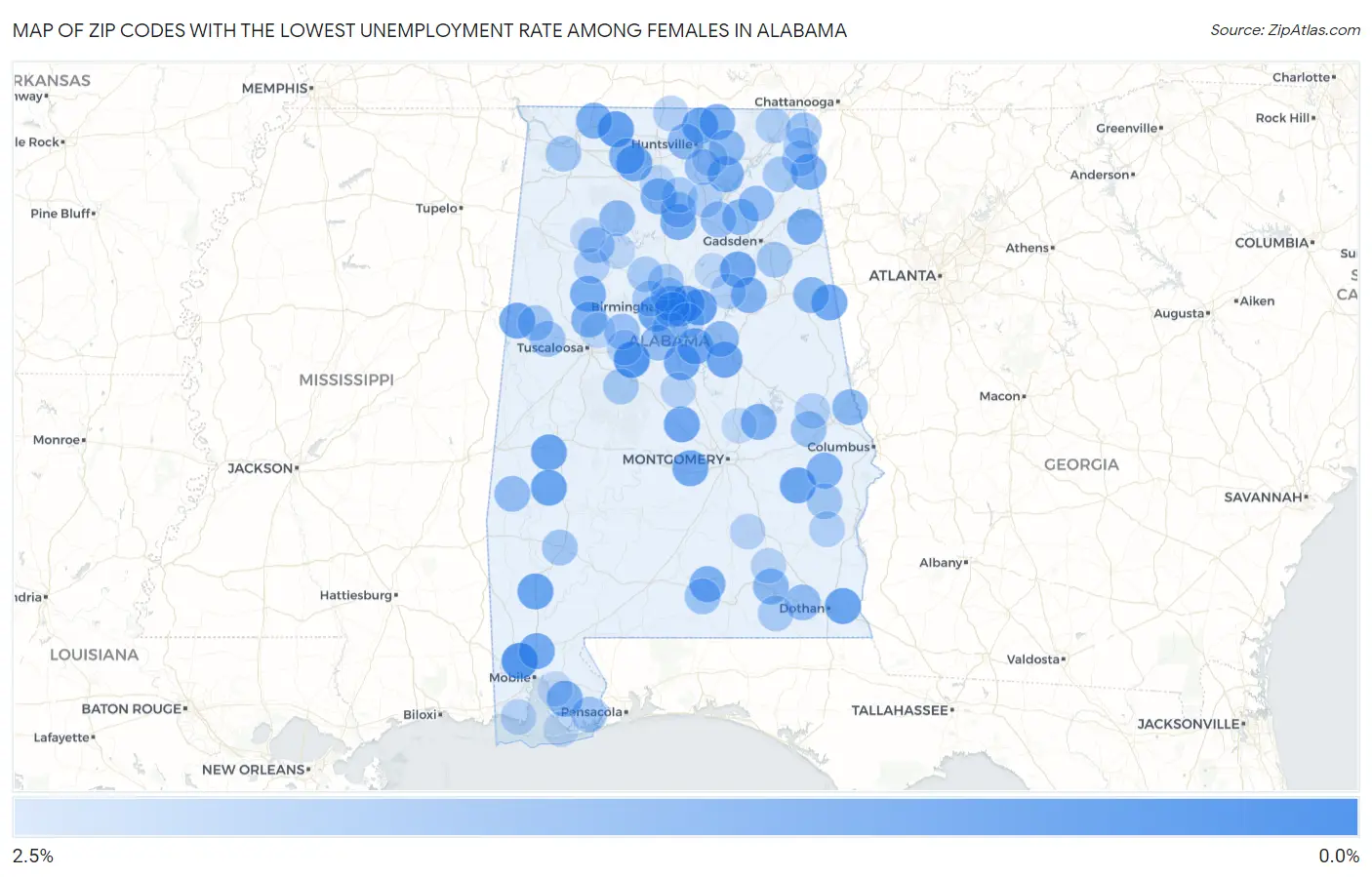 Zip Codes with the Lowest Unemployment Rate Among Females in Alabama Map