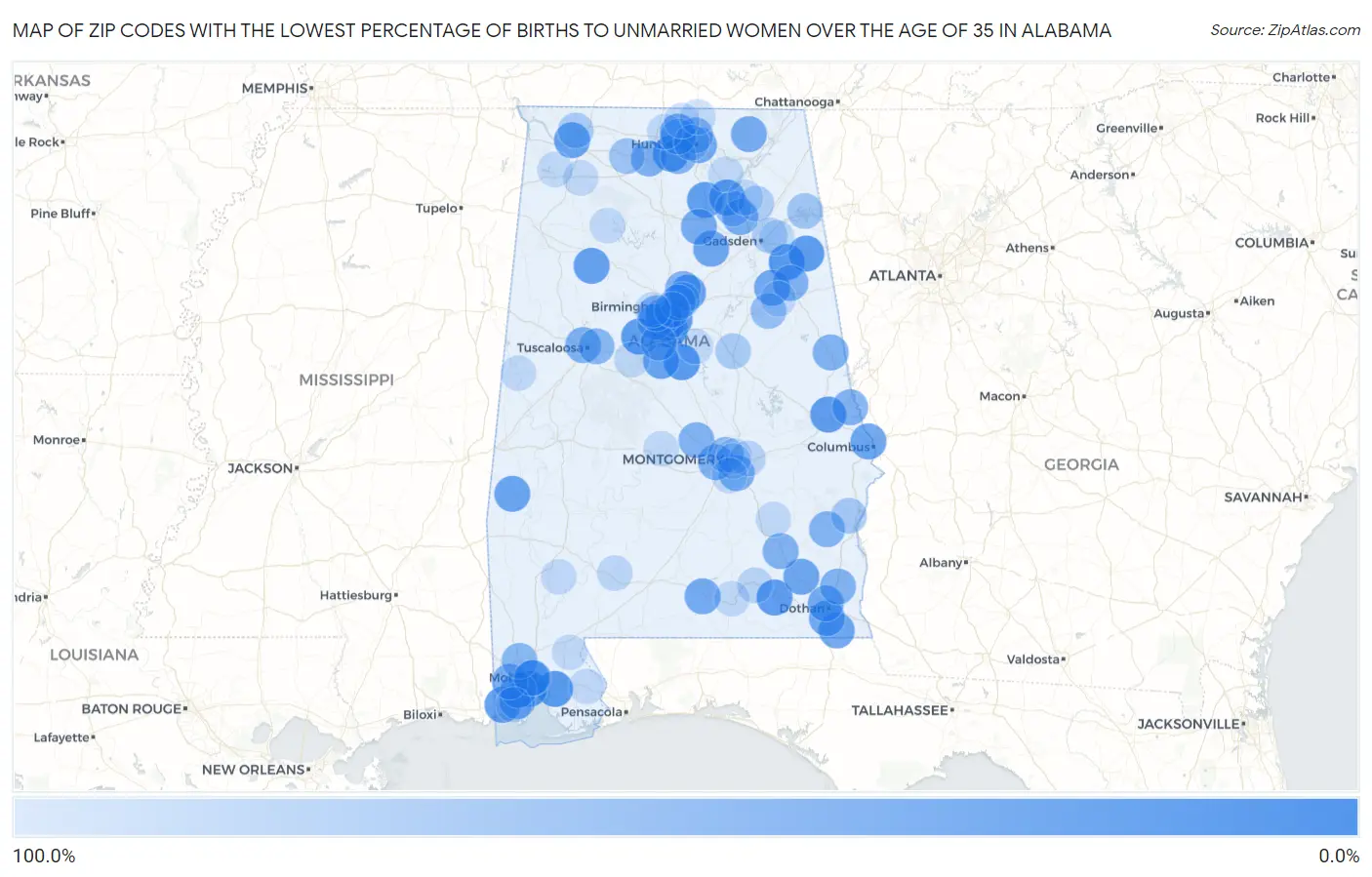 Zip Codes with the Lowest Percentage of Births to Unmarried Women over the Age of 35 in Alabama Map