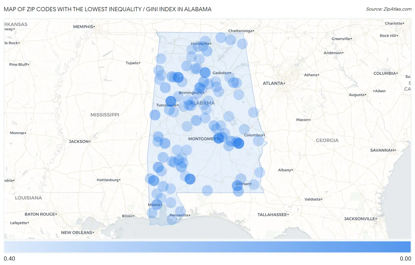 Zip Codes with the Lowest Inequality / Gini Index in Alabama Map