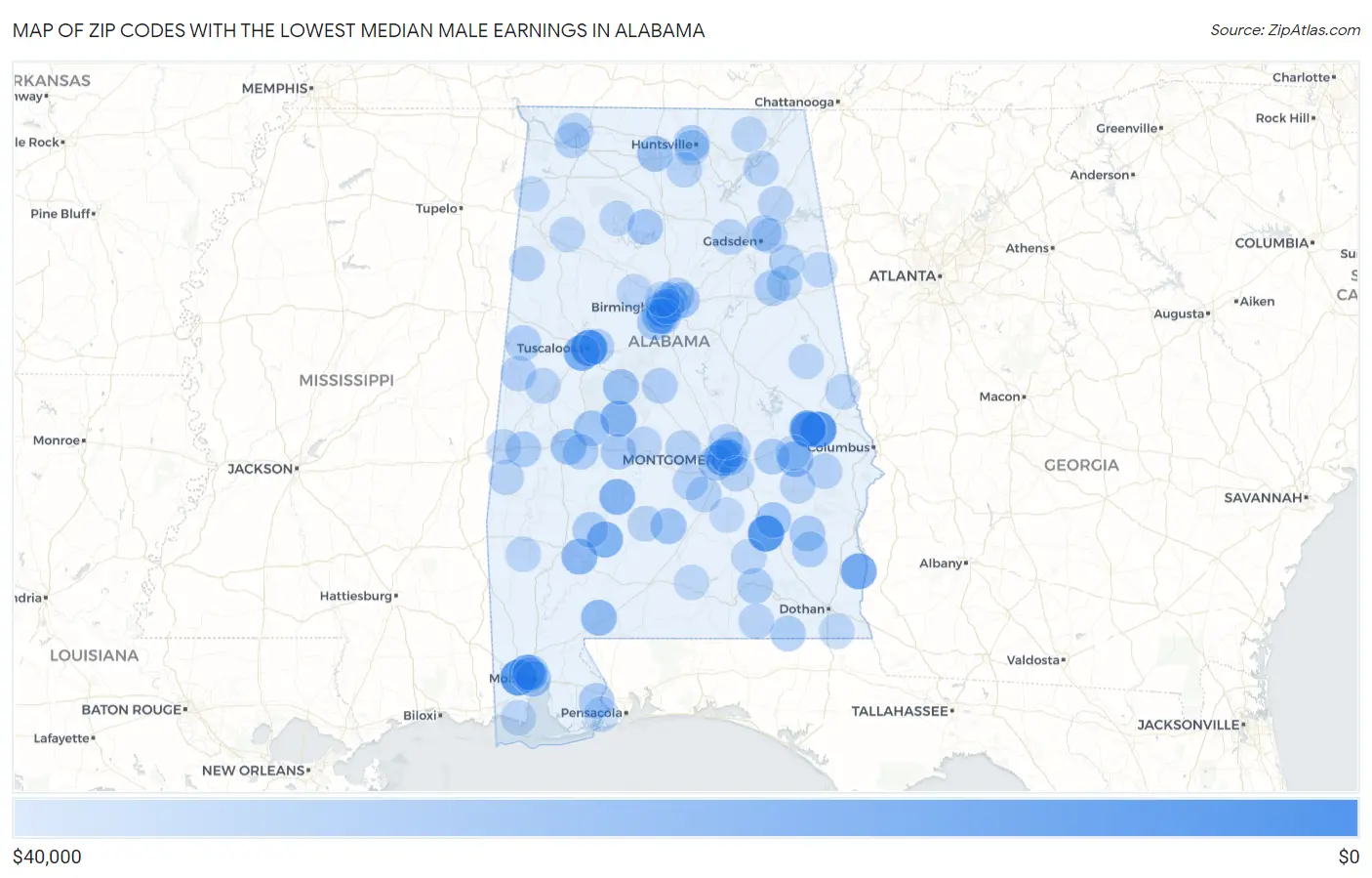 Zip Codes with the Lowest Median Male Earnings in Alabama Map