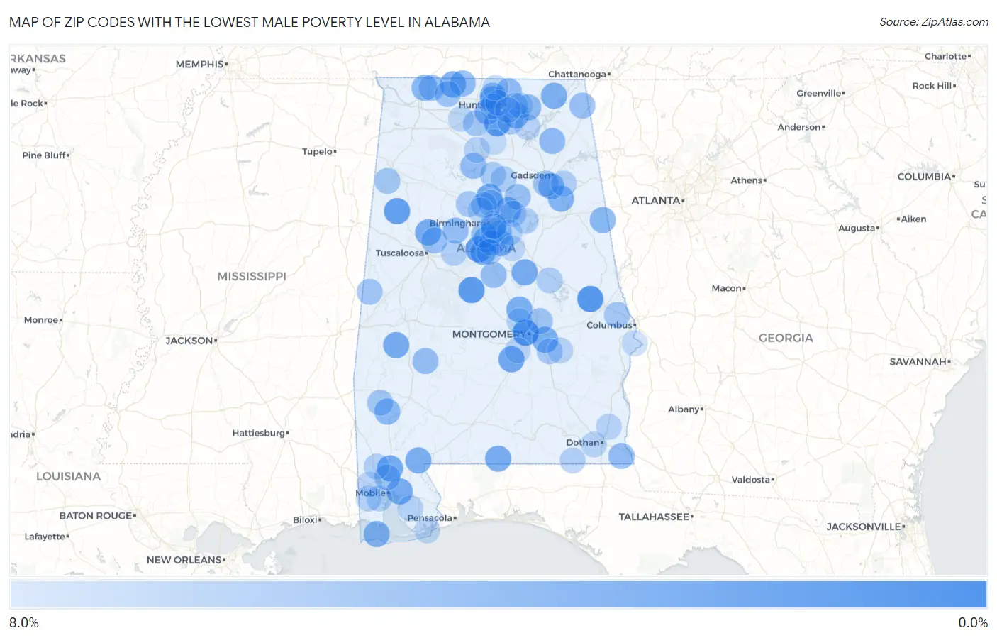 Zip Codes with the Lowest Male Poverty Level in Alabama Map