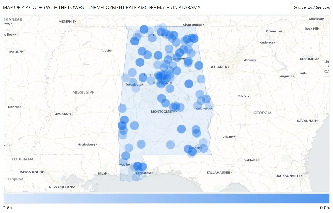 Zip Codes with the Lowest Unemployment Rate Among Males in Alabama Map