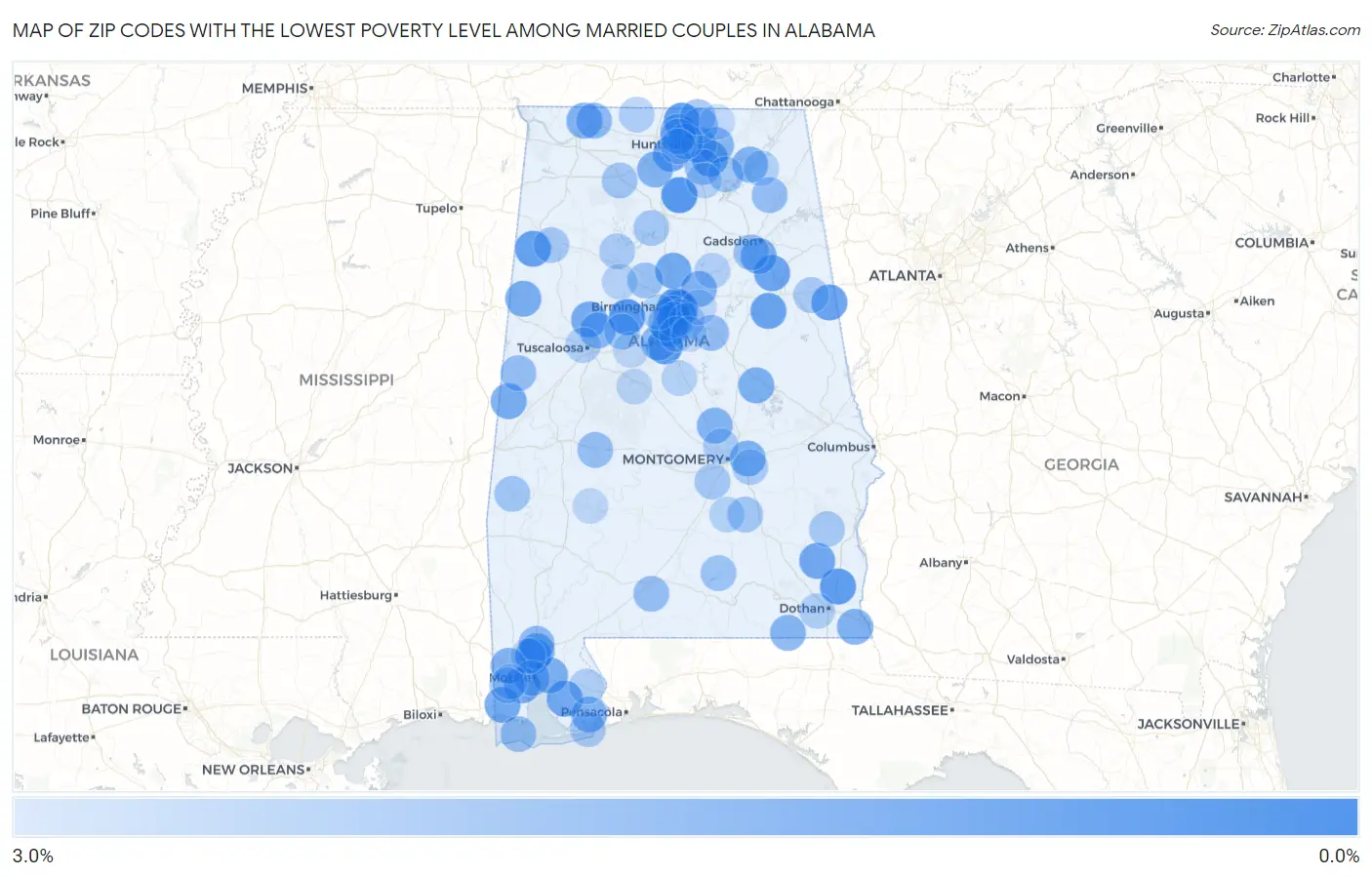 Zip Codes with the Lowest Poverty Level Among Married Couples in Alabama Map