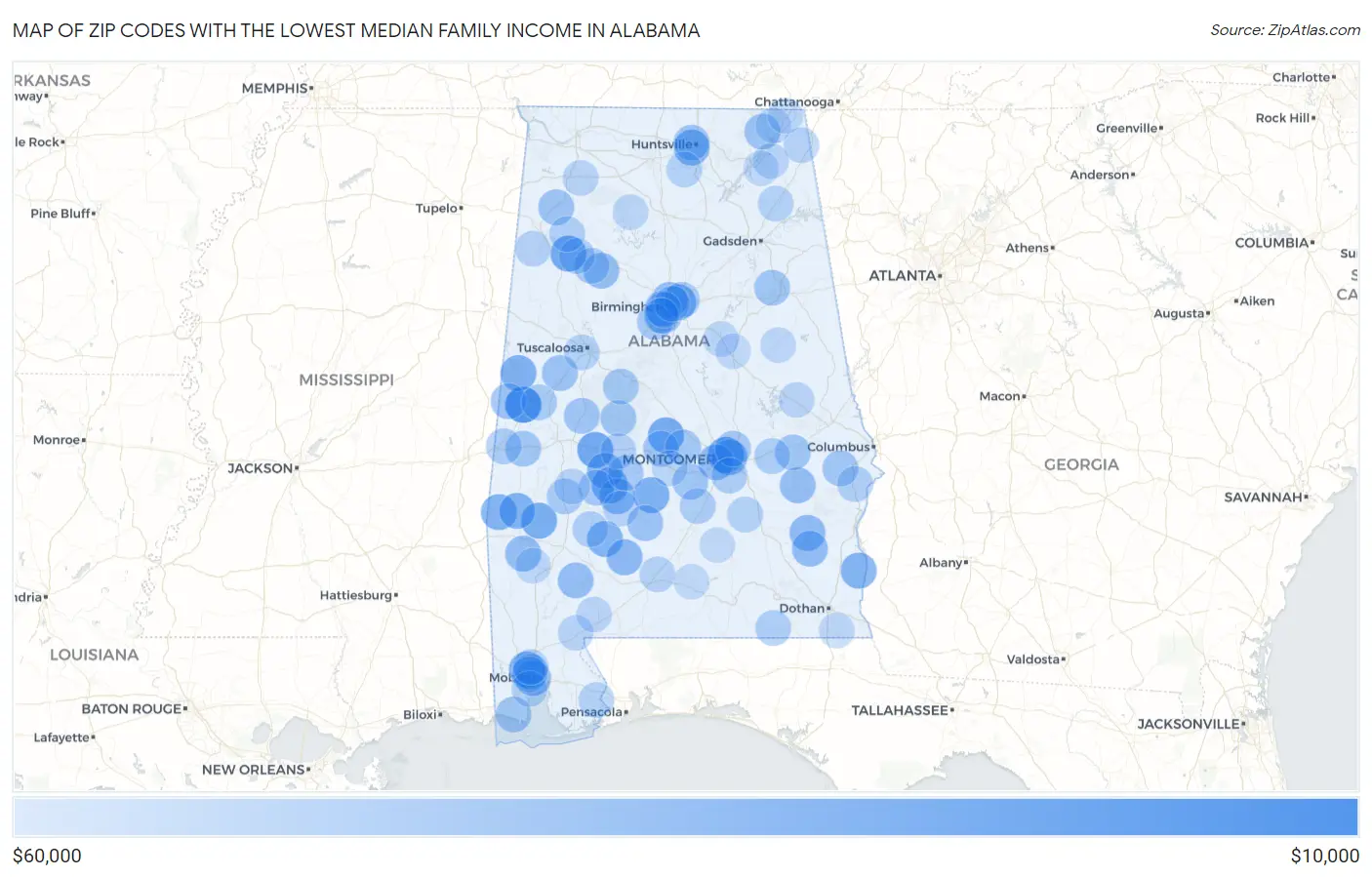 Zip Codes with the Lowest Median Family Income in Alabama Map