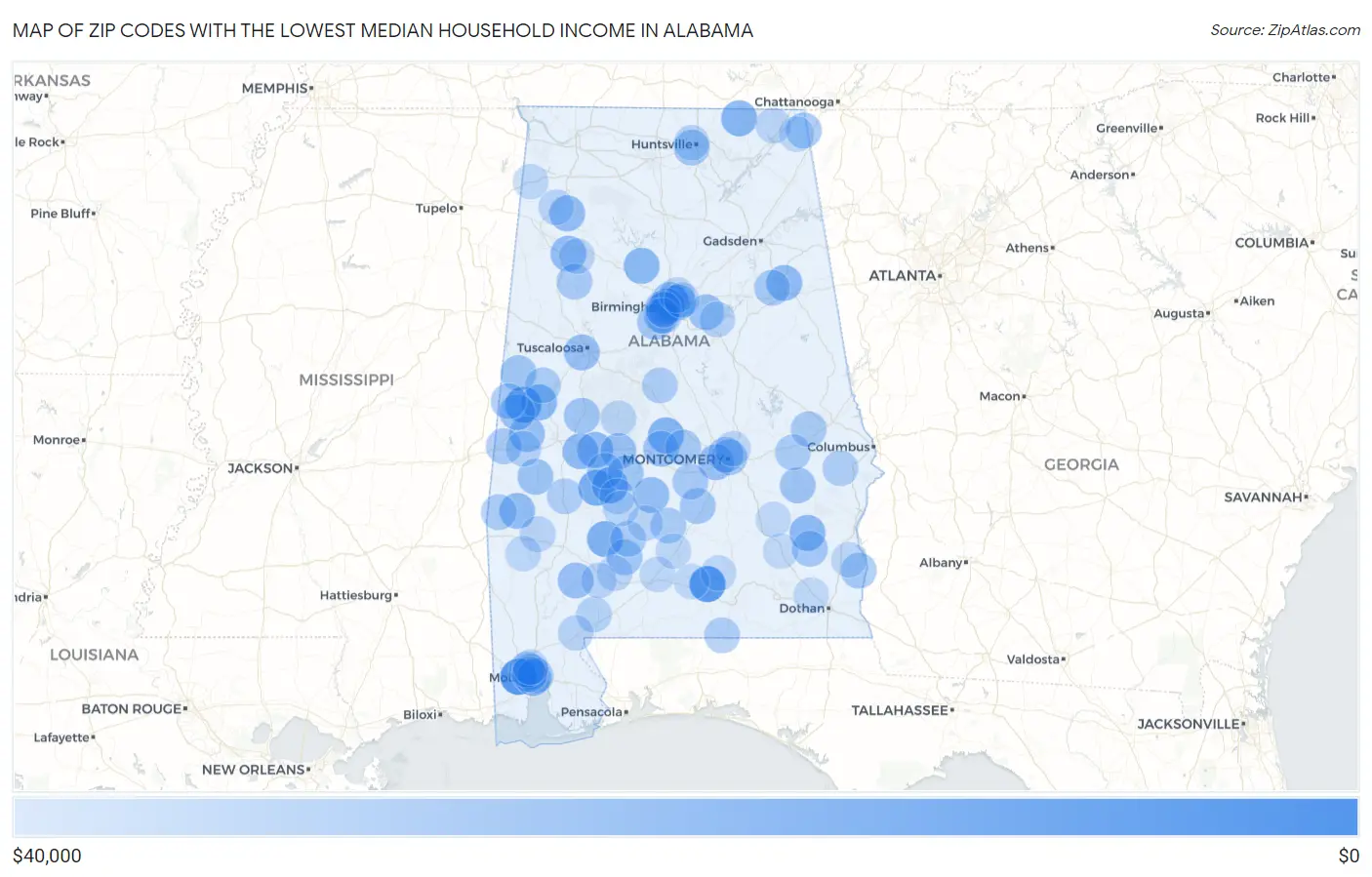 Zip Codes with the Lowest Median Household Income in Alabama Map