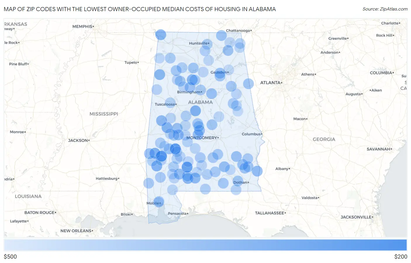 Zip Codes with the Lowest Owner-Occupied Median Costs of Housing in Alabama Map