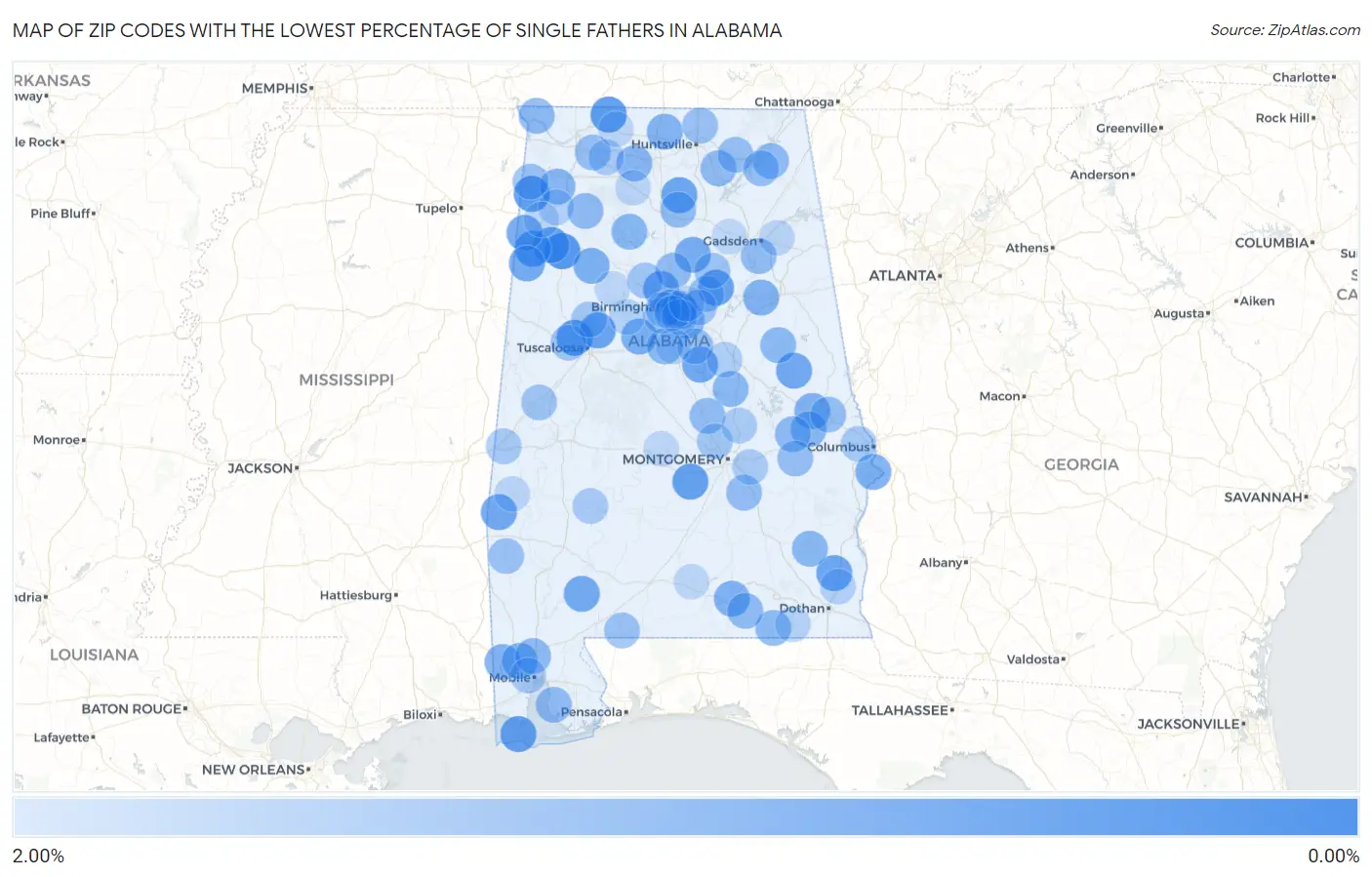 Zip Codes with the Lowest Percentage of Single Fathers in Alabama Map