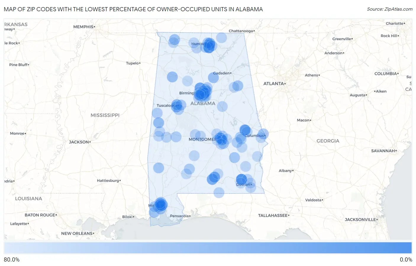 Zip Codes with the Lowest Percentage of Owner-Occupied Units in Alabama Map