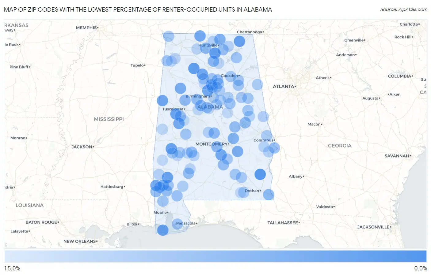 Zip Codes with the Lowest Percentage of Renter-Occupied Units in Alabama Map