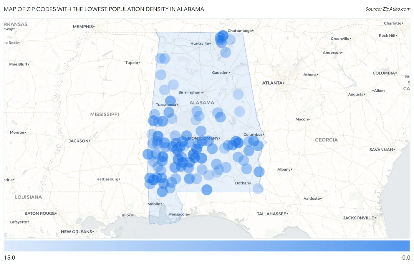 Zip Codes with the Lowest Population Density in Alabama Map