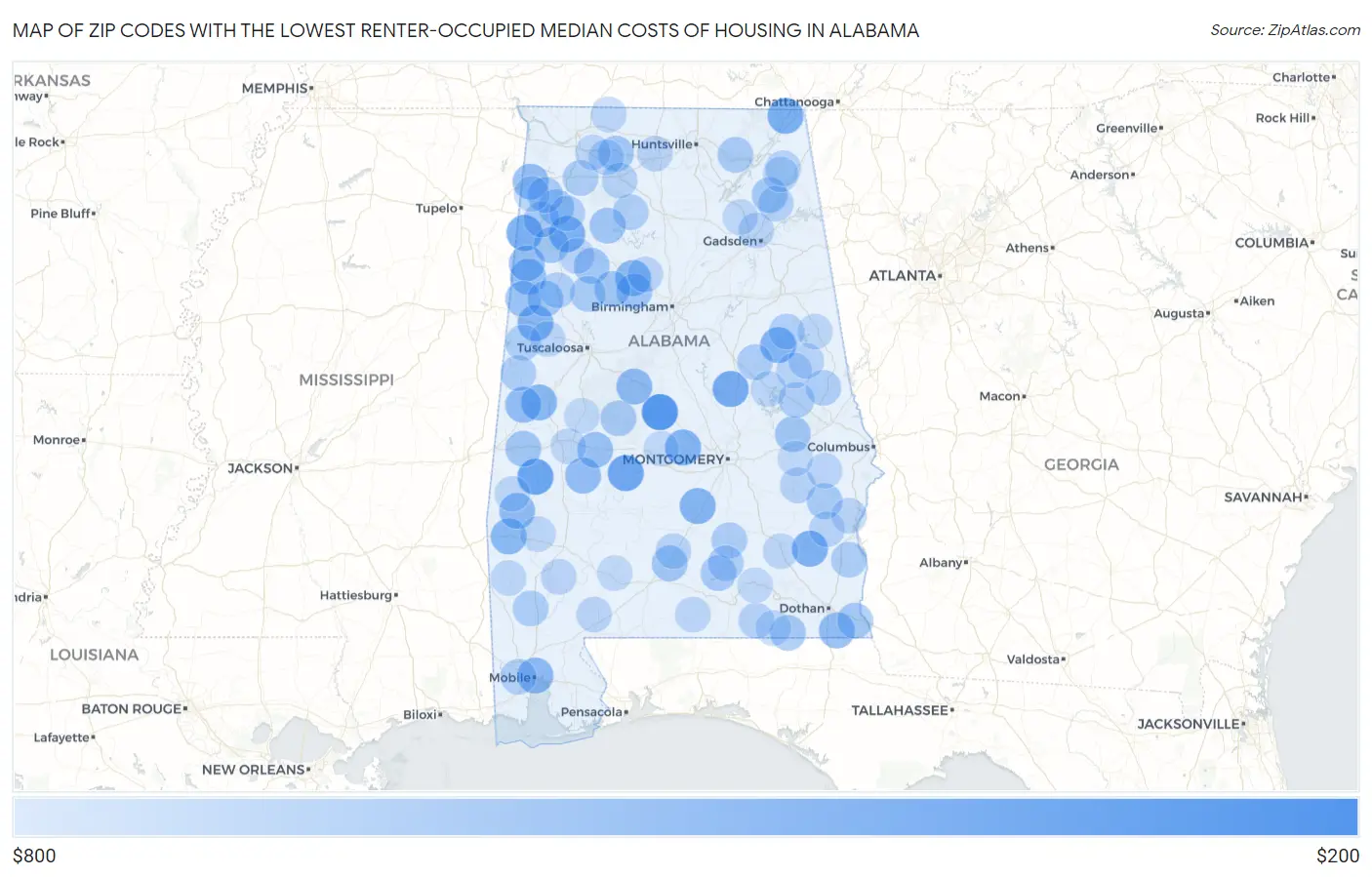 Zip Codes with the Lowest Renter-Occupied Median Costs of Housing in Alabama Map