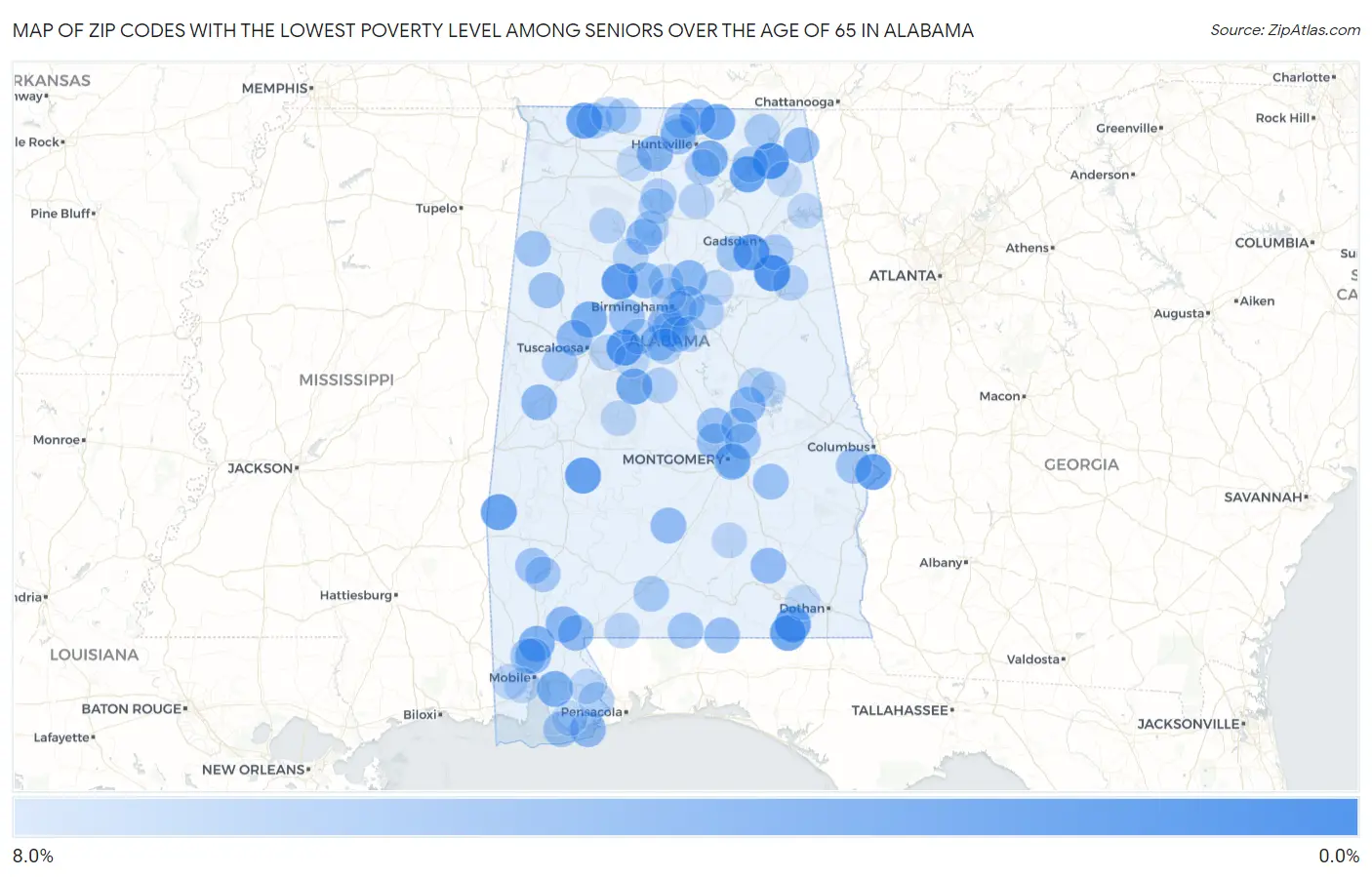 Zip Codes with the Lowest Poverty Level Among Seniors Over the Age of 65 in Alabama Map