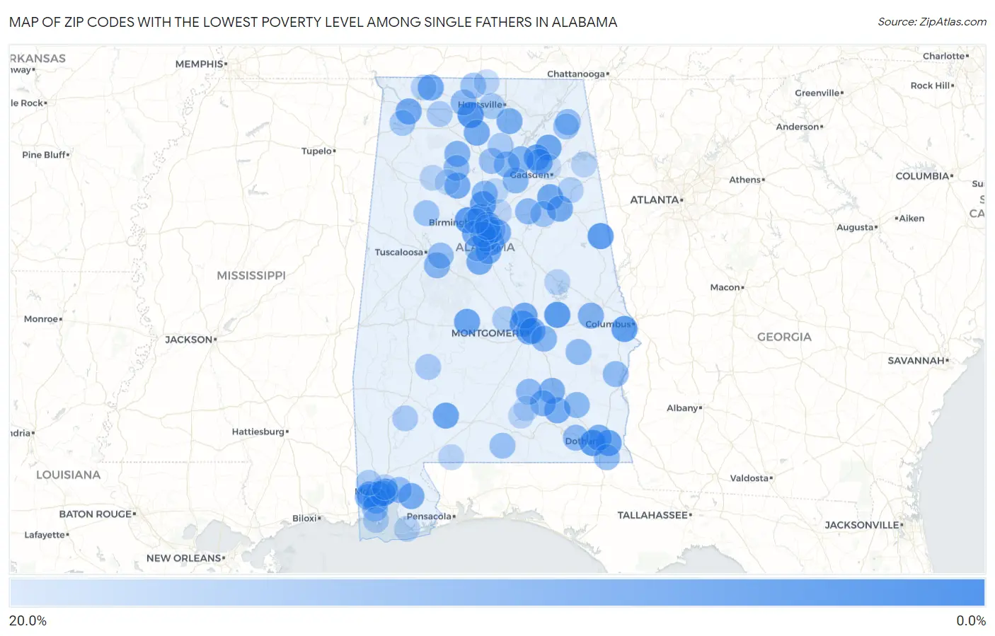 Zip Codes with the Lowest Poverty Level Among Single Fathers in Alabama Map