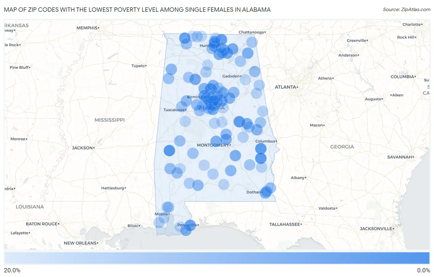 Zip Codes with the Lowest Poverty Level Among Single Females in Alabama Map