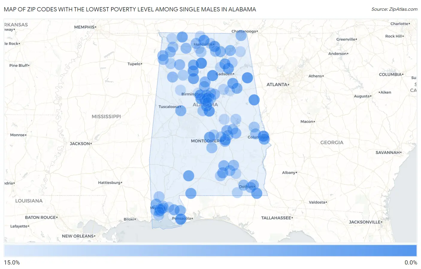 Zip Codes with the Lowest Poverty Level Among Single Males in Alabama Map
