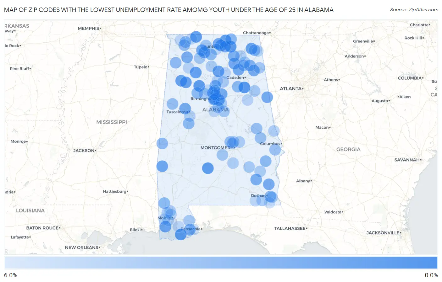 Zip Codes with the Lowest Unemployment Rate Amomg Youth Under the Age of 25 in Alabama Map