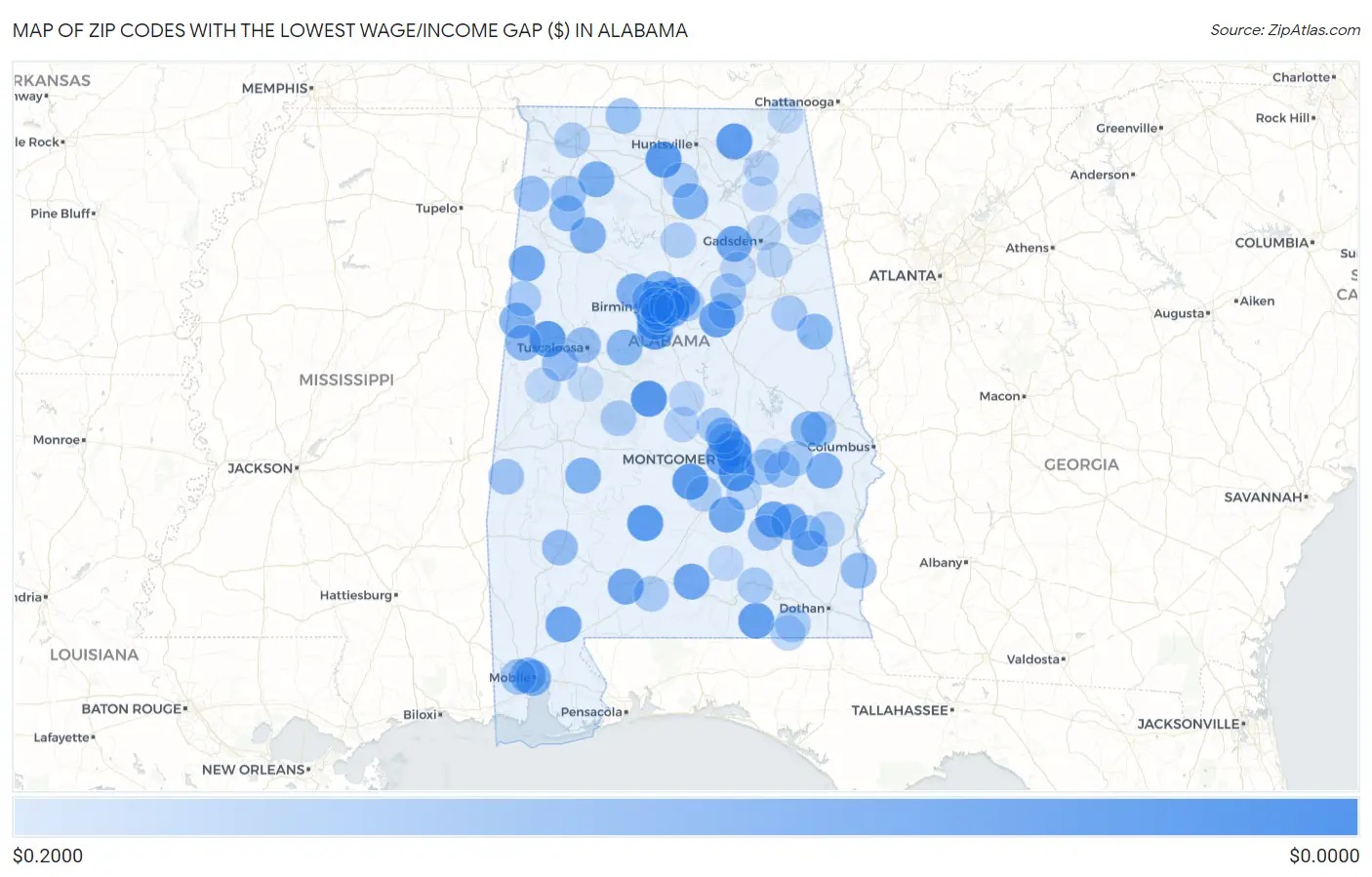 Zip Codes with the Lowest Wage/Income Gap ($) in Alabama Map