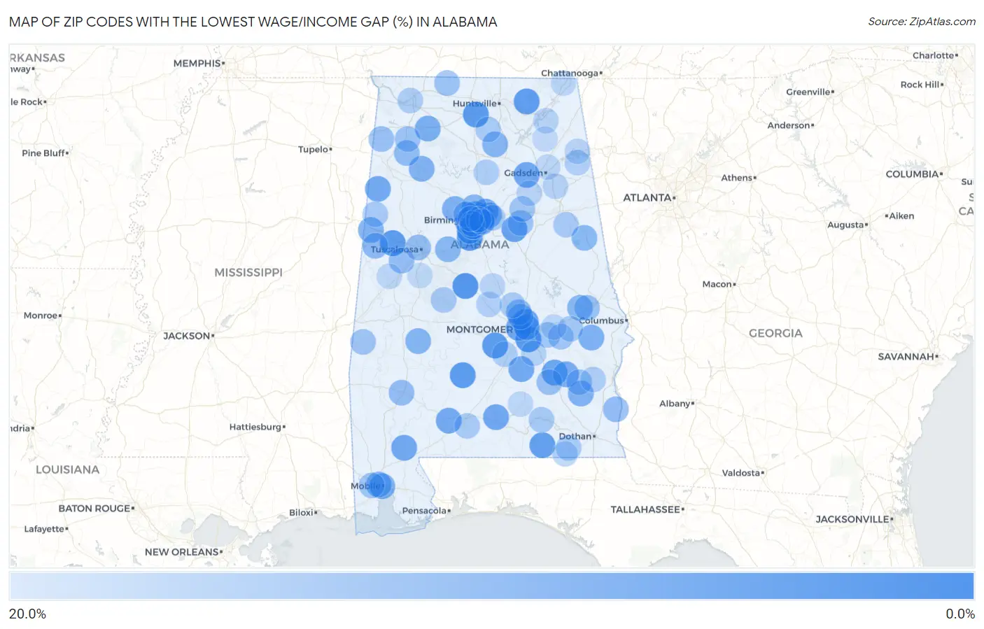 Zip Codes with the Lowest Wage/Income Gap (%) in Alabama Map