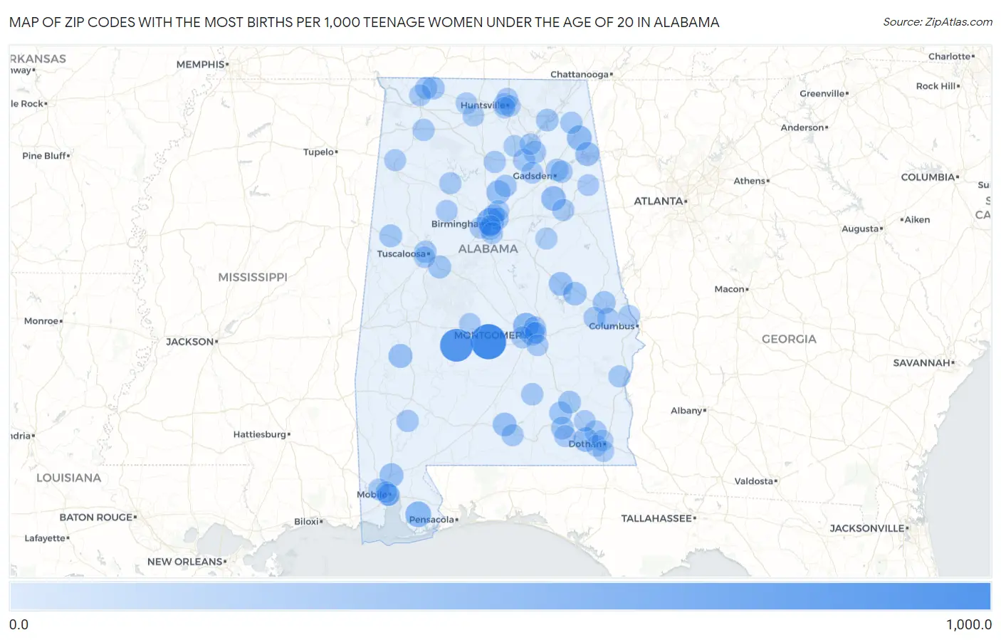 Zip Codes with the Most Births per 1,000 Teenage Women Under the Age of 20 in Alabama Map